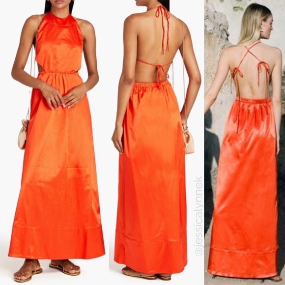 STAUD Satin Open Cut-Out Tie Back High Neck Halter Long Maxi Dress Orange - L - Picture 1 of 7